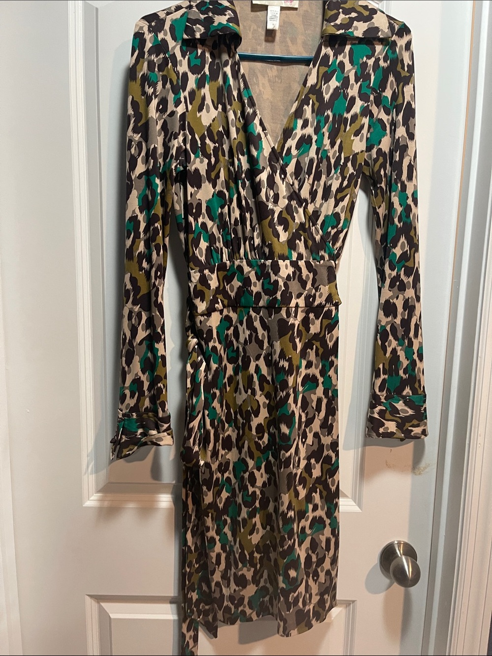 Diane Von Furstenberg Tan, Green & Black Leopard-Print Long Sleeve Wrap Dress